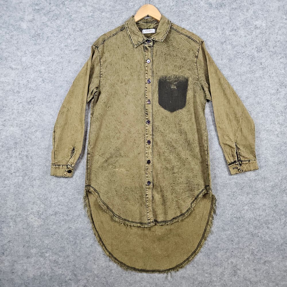 Vibrant MIU Shirt Dress Tunic Size L‎ Brown Distressed Look MISSING CUFF BUTTON